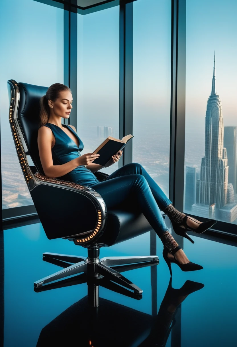 office in a skyscraper in a big city, cyborg woman sits in a luxurious chair and reads a book,  heavy men&#39;s boots, High quality, absurd, masterpiece, Beautiful, complex parts, 1/2 body trimmings, slender body, Beautiful figure, Magnificent Anatomy, (complex parts:1.12), HDR, (complex parts, hyper detail:1.15), (natural skin textures, Hyperrealistic, soft light, spicy:1.2)