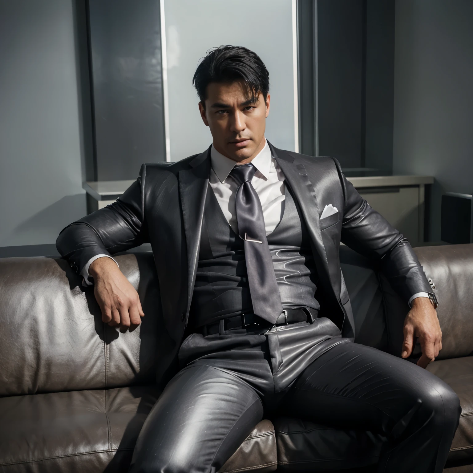 30 years old,daddy,"shiny suit",wear white shirt, super glossy pants, necktie, waistcoat, shiny satin trousers,dark gray satin fabric ,Dad sit down on the sofa,  k hd,in the office,"big muscle" ,black hair,asia face,masculine,strong man,the boss is,handsome,,leather gloves,lecherous dad,look straight ahead,dad is handsome,dad is handsome, dad is "big horny daddy"