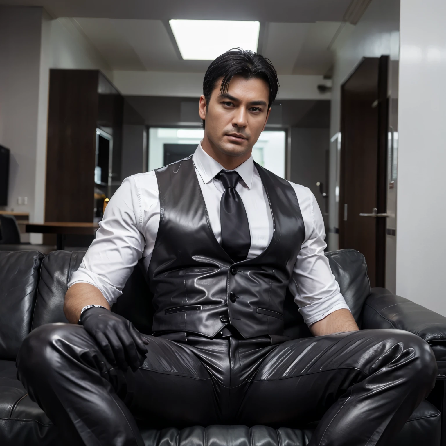 30 years old,daddy,"shiny suit",wear white shirt, very glossy pants, necktie, waistcoat, shiny satin trousers,dark gray satin fabric ,Dad sit down on the sofa,  k hd,in the office,"big muscle" ,black hair,asia face,masculine,strong man,the boss is,handsome,,leather gloves,lecherous dad,look straight ahead,dad is handsome,dad is handsome, dad is "big horny daddy"