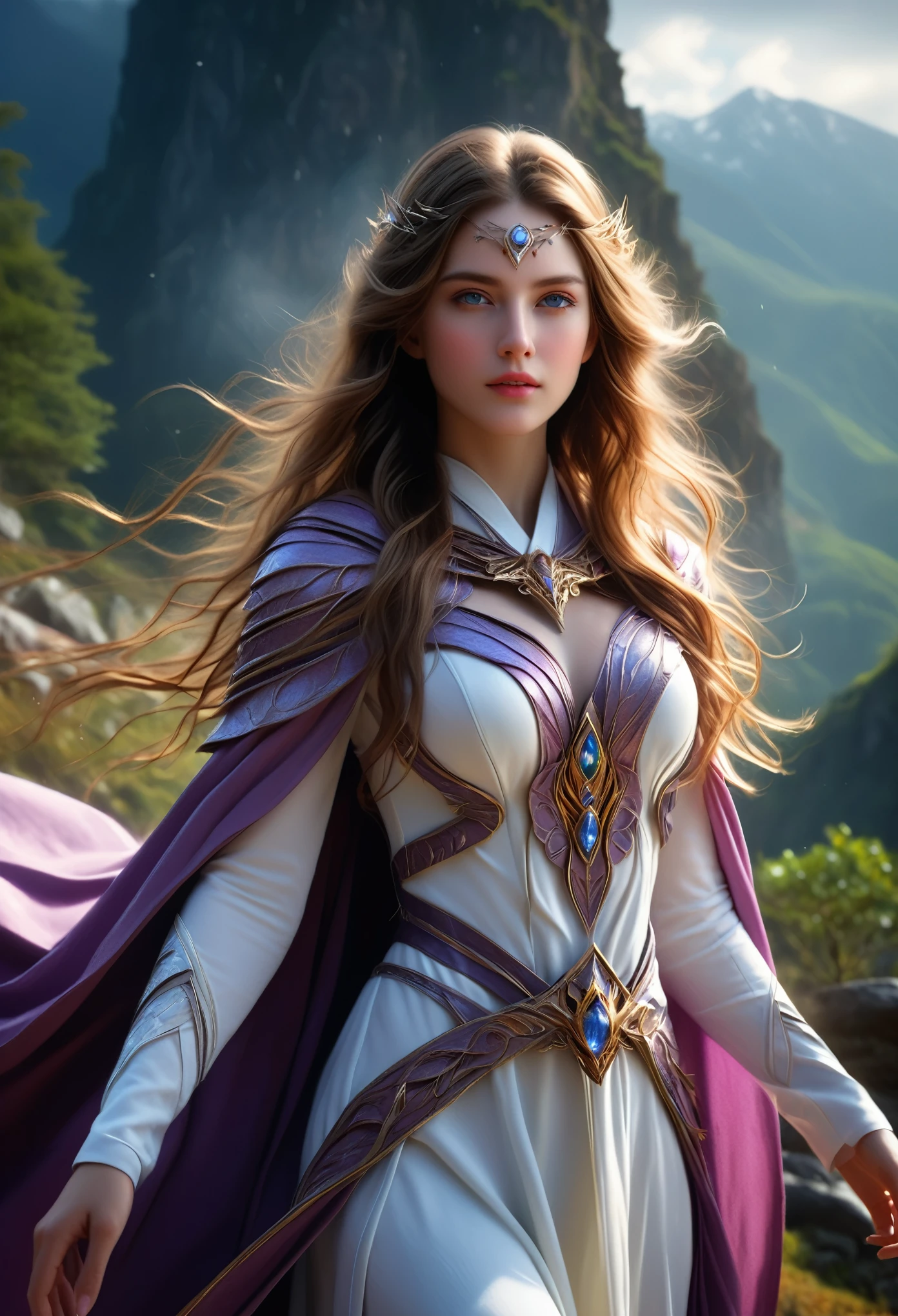 (best quality,4k,8k,highres,masterpiece:1.2),ultra-detailed,(realistic,photorealistic,photo-realistic:1.37), a beautiful young female mage with long flowing hair, elegant robes, and a mystical aura, intricate magical effects, glowing magical energy, detailed fantasy landscape with towering mountains, lush forests, and magical ruins, cinematic lighting, dramatic camera angles, (best quality,4k,8k,highres,masterpiece:1.2),ultra-detailed,(realistic,photorealistic,photo-realistic:1.37),fantasy,magic,highly detailed magical girl,beautiful detailed eyes,beautiful detailed lips,extremely detailed eyes and face,longeyelashes,dramatic lighting,cinematic composition,dynamic pose,stunning colors,digital painting
