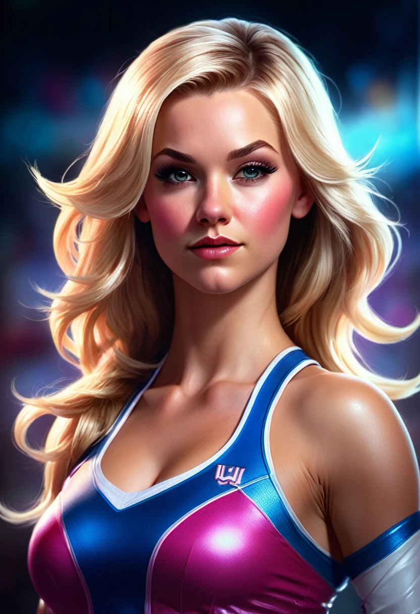 méchante fille, une méchante fille, pom-pom girl blonde très attrayante, Guilleret, se maquiller, fond de gymnase du lycée, portrait tête et épaules, Portrait d&#39;art conceptuel en résolution 8k par Greg Rutkowski, artgerme, Oups, Alphonse Mucha éclairage dynamique hyperdétaillé complexe Splash art tendance sur Artstation couleurs triadiques Unreal Engine 5 éclairage volumétrique