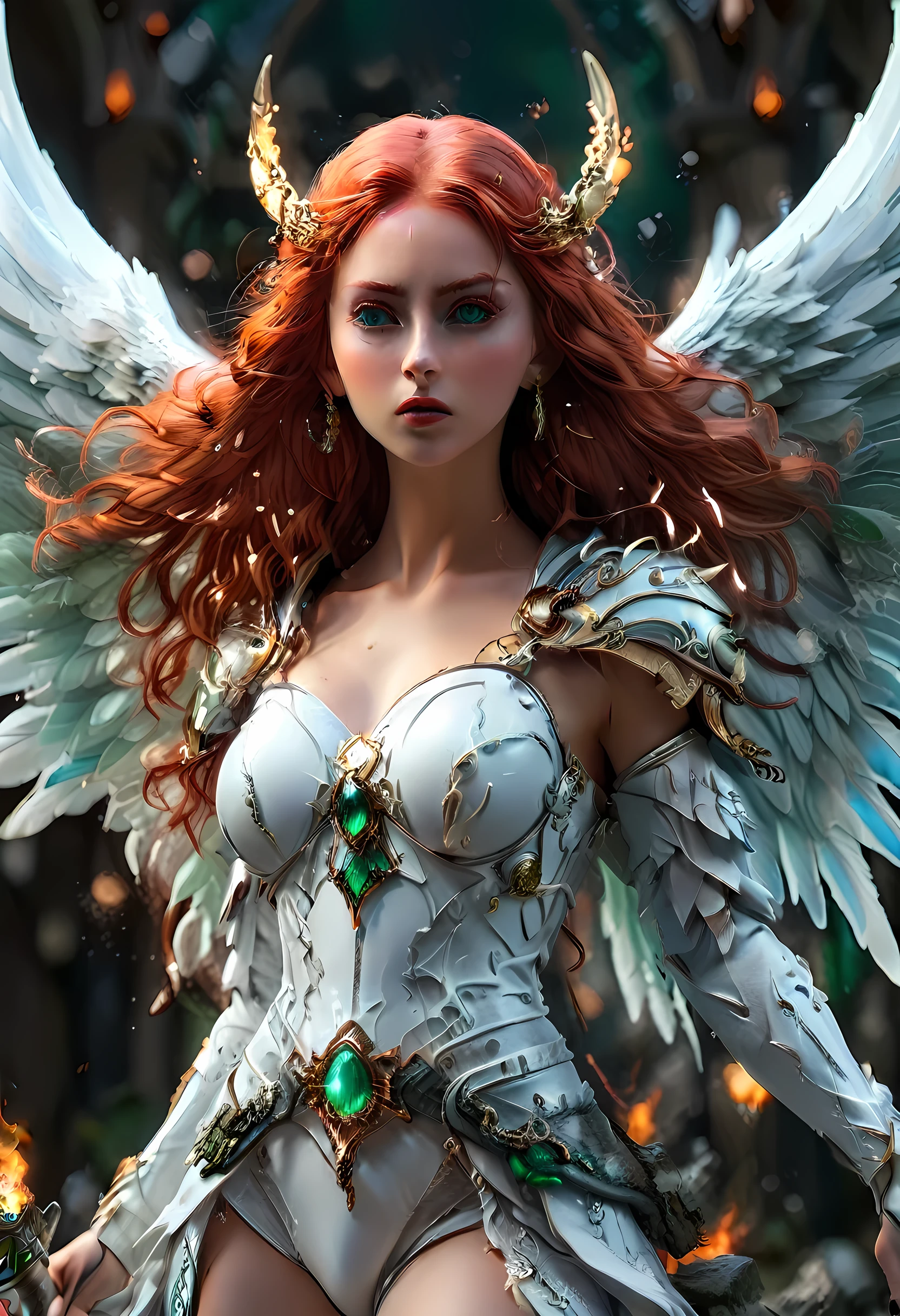 16k, ultra detailed, masterpiece, best quality, (extremely detailed), arafed, dnd art, panoramic view, full body, aasimar, female, (Masterpieceת intense details:1.3), female, sorceress, casting flaming spell(Masterpieceת intense details:1.3) large feathered wings,(azure: 1.3) angelic wings spread (Masterpieceת intense details:1.3), fantasy magical heaven background (Masterpieceת intense details:1.3), moon, stars, clouds, wearing white armor (Masterpieceת intense details:1.3), high heeled boots (Masterpieceת intense details:1.3), armed with staff, (red hair: 1.4), (green eyes: 1.4), intense eyes, ultra feminine, ultra detailed face, (Masterpieceת intense details:1.5), (anatomically correct: 1.5), determined face, divine light, cinematic lighting, soft light, silhouette, photorealism, panoramic view ((Masterpieceת intense details:1.3) , Wide-Angle, Ultra-Wide Angle, 16k, highres, best quality, faize, 3D rendering, angel