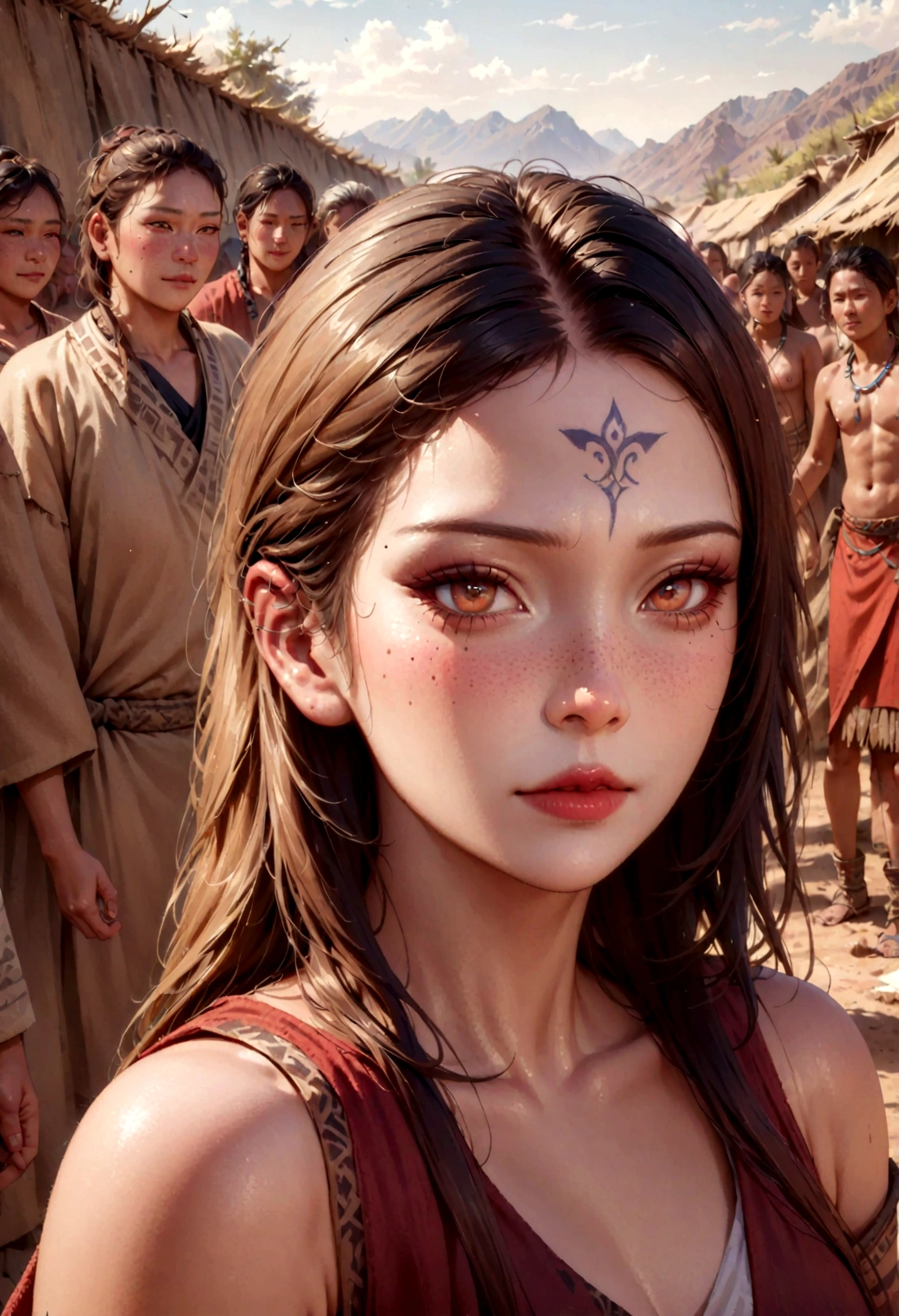 (best quality,4k,8k,highres,masterpiece:1.2),ultra-detailed,(realistic,photorealistic,photo-realistic:1.37),wilderness,primitive,people,traditional,tribe,in nature,beautiful detailed eyes,beautiful detailed lips,Wilderness landscape,tribal gathering,ancient customs,vivid colors,natural light,shamanic rituals,tribal tattoos,harmonious coexistence with nature,peaceful atmosphere,traditional clothing,ancient heritage,sacred bond with the land,connectedness with wildlife,wisdom of the elders,ritual dances,ancestral spirits,remote untouched landscapes,spiritual connection,whisper of the wind,raw natural beauty,untamed wilderness,untouched by modern societyiblings,serene expressions,enduring strength,simplicity of life,traces of time,profound solitude,ancestral wisdom,groundedness and tranquility.