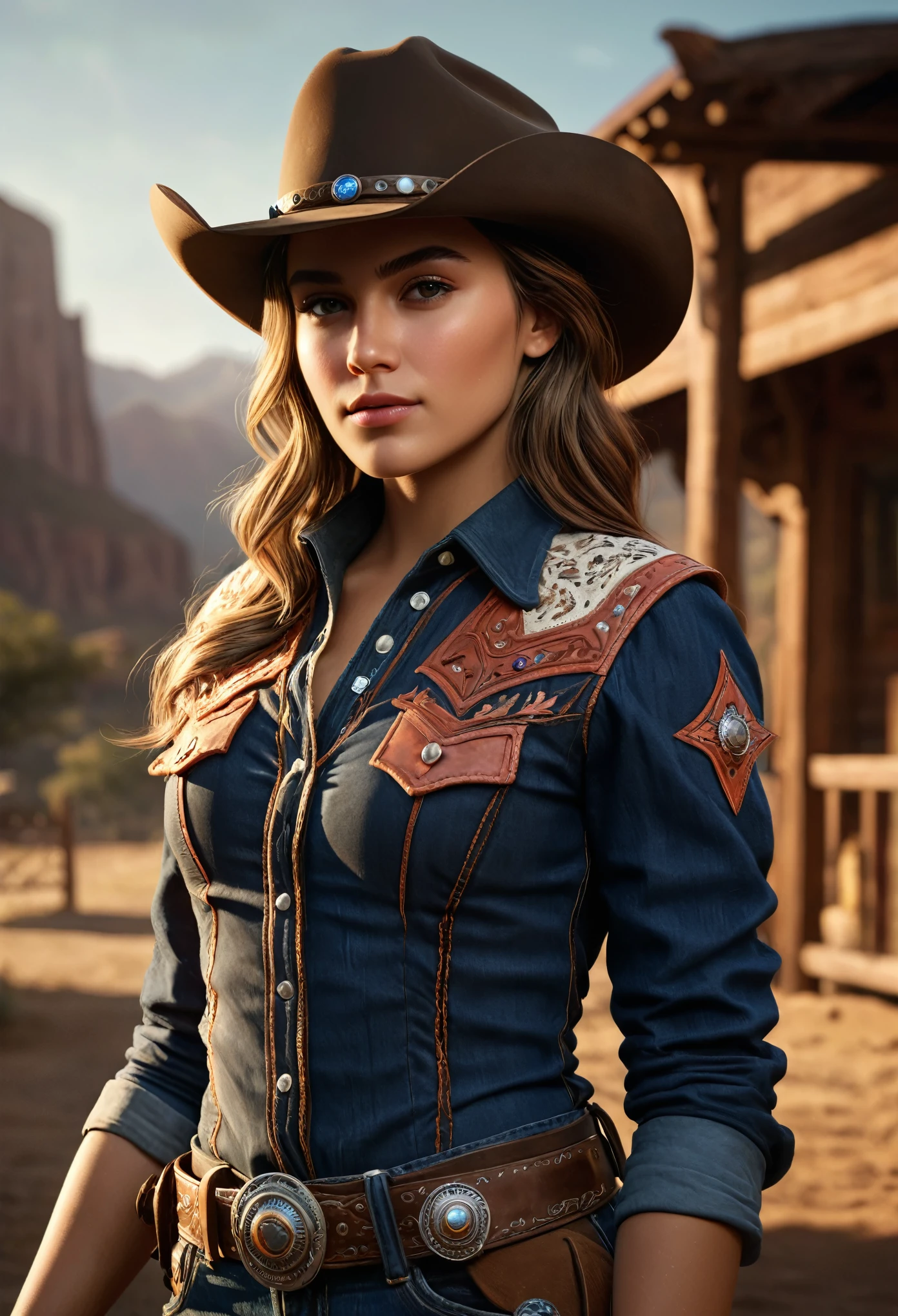 (best quality,4k,8k,highres,masterpiece:1.2),ultra-detailed,(realistic,photorealistic,photo-realistic:1.37), a beautiful young girl wearing a highly realistic western cowgirl outfit, fantasy art, photorealistic, dynamic lighting, artstation, extremely detailed face, 4k, award-winning, (best quality,4k,8k,highres,masterpiece:1.2),ultra-detailed,(realistic,photorealistic,photo-realistic:1.37),intricate details,dramatic pose,cinematic composition,vibrant colors,natural skin tones,glowing highlights,atmospheric lighting,depth of field,volumetric lighting