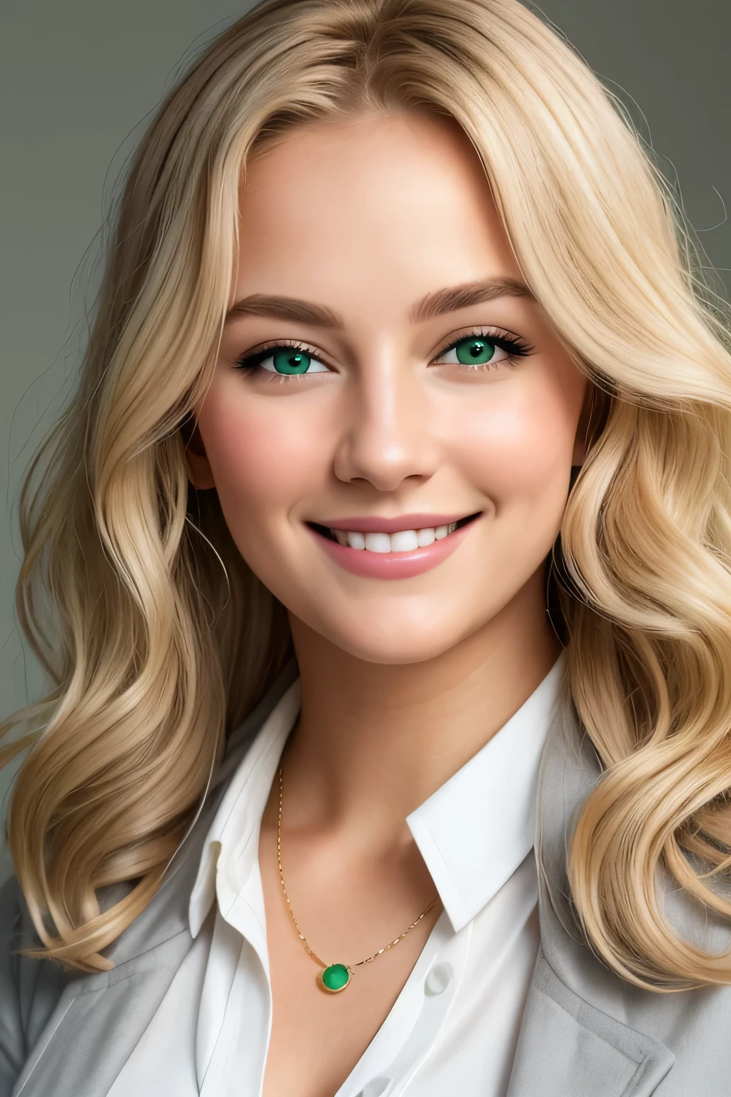 Beautiful lady with a smile on her face, blonde wavy hair, Ultra Realistic, slight dimple on the face, Miniature face, green eyes. Wearing a white blouse and a gray jacket. realistic image
