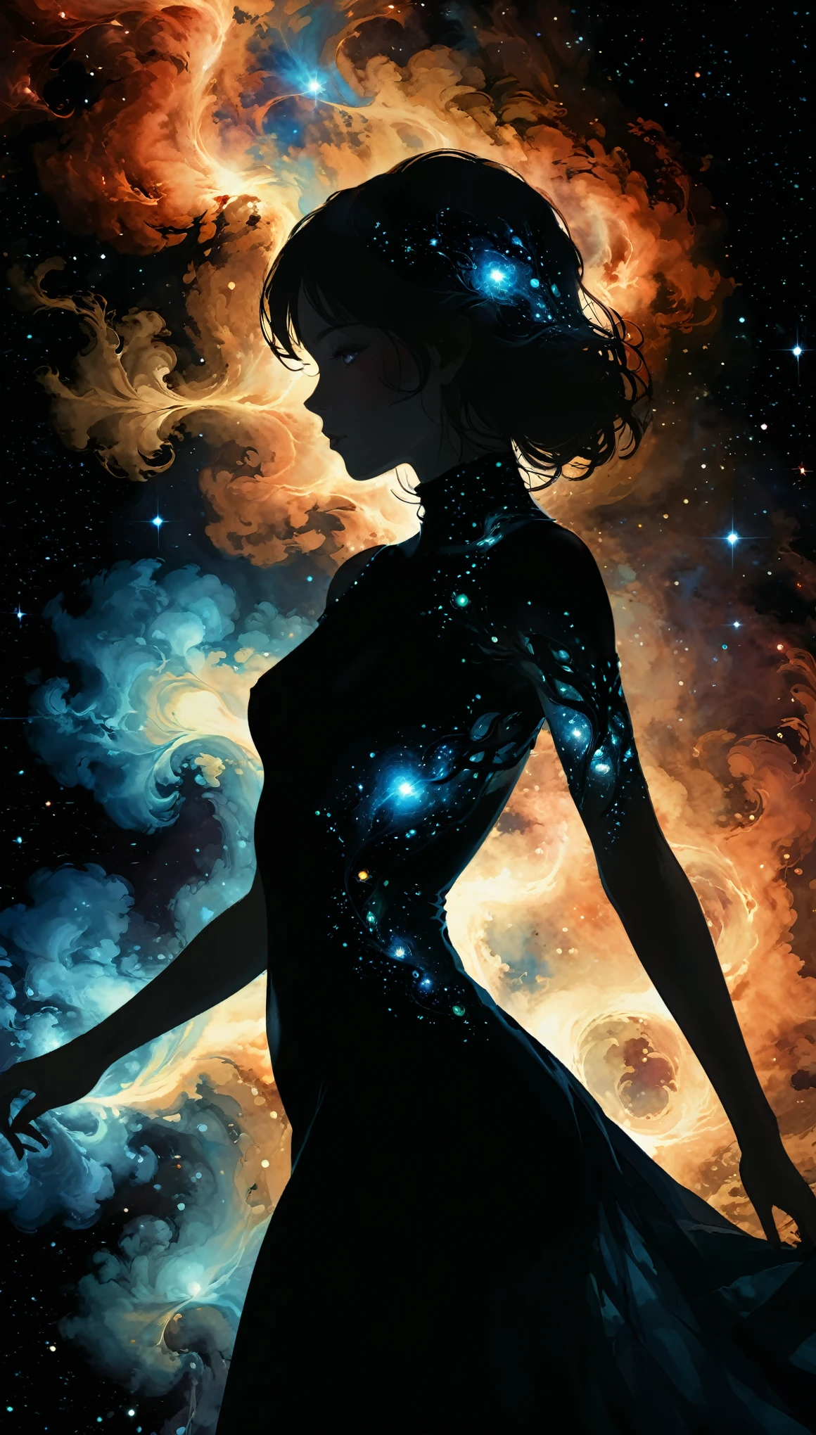 (in style of John Bauer:0.8),(in style of Nick Veasey:1.5),
1girl,(black silhouette body:1.2),dress(translucent arms,it was as if there was a nebula swirling in arms,nebula's glowing arms:1.8),black_background,character cutout,red eyes,
BREAK
Detailed,(darkness:1.1),(very detailed shadows:1.1),absolute shadows,absolute darkness,body silhouette,