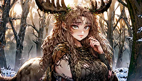 solo, female, sfw, medium shot, brown hair, long hair, wild hair, deer antlers, huge woman, brown eyes, torn cape, winter, fores...