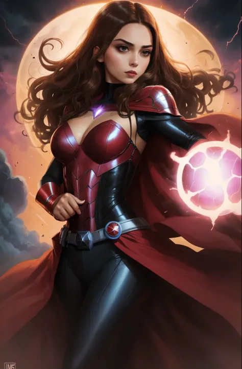 um close up de uma mulher com uma capa vermelha e uma capa preta, feiticeira escarlate, feiticeira escarlate marvel, wanda maxim...