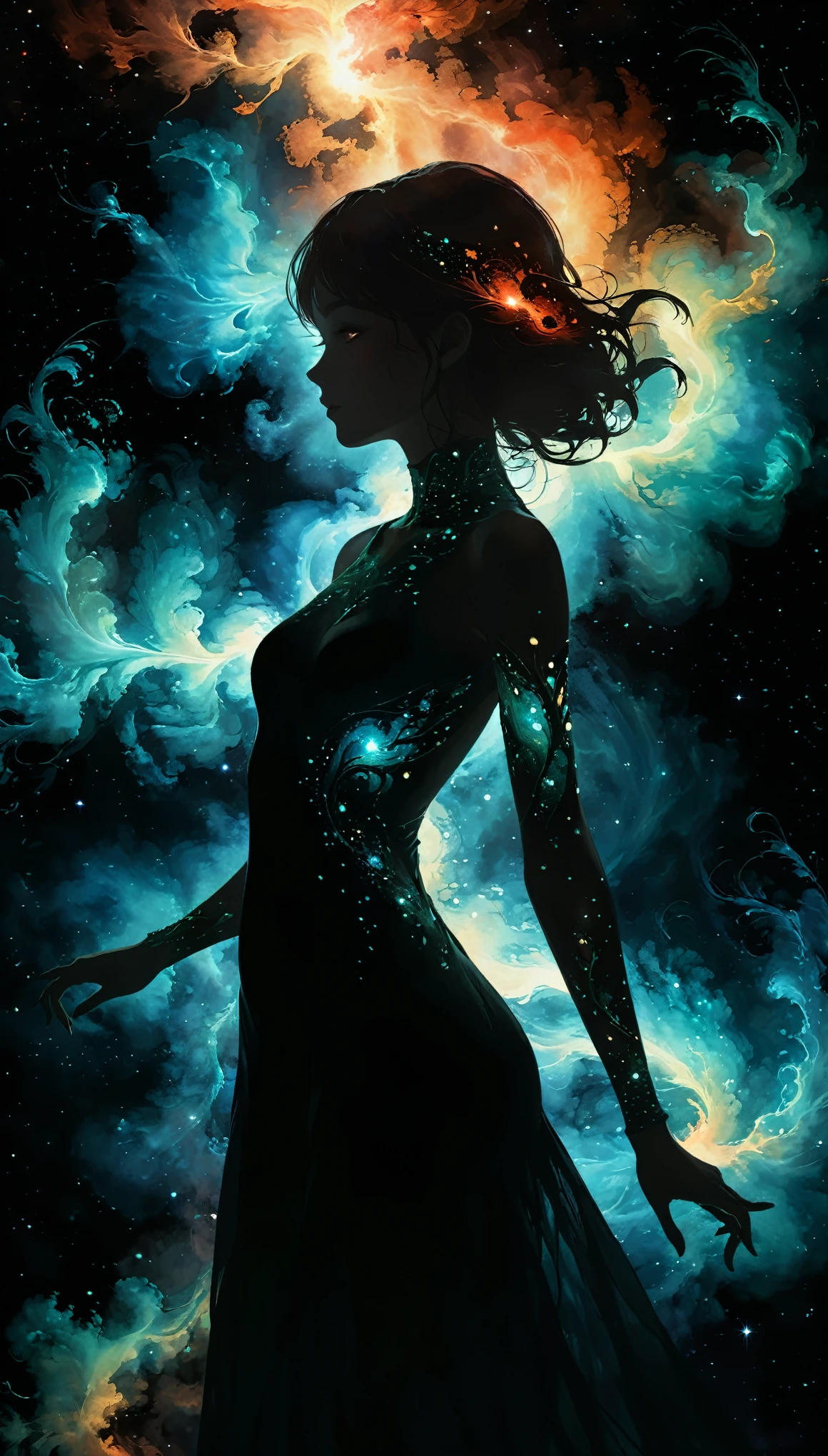 (in style of John Bauer:0.8),(in style of Nick Veasey:1.5),
1girl,(black silhouette body:1.2),dress(translucent arms,it was as if there was a nebula swirling in arms,nebula's glowing arms:1.8),black_background,character cutout,red eyes,
BREAK
Detailed,(darkness:1.1),(very detailed shadows:1.1),absolute shadows,absolute darkness,body silhouette,