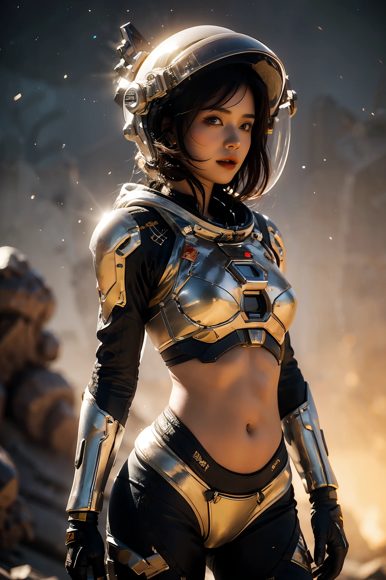 a girl in spacesuit, fully exposed midriff, bare waist,cowboy-shot, in outer space, desolate alien planet, transparen space-helmet,Transparent full-face helmet ,((bikini top)),((metal Bikini armor)), sexy exposed midriff, full metallic armor, bare midriff and waist, open abdomen, fully exposed abdomen, cowboy-shot, realistic, photorealistic, high quality, 8k, extremely detailed, masterpiece, dynamic pose, dramatic lighting, cinematic, sci-fi, futuristic, vibrant colors