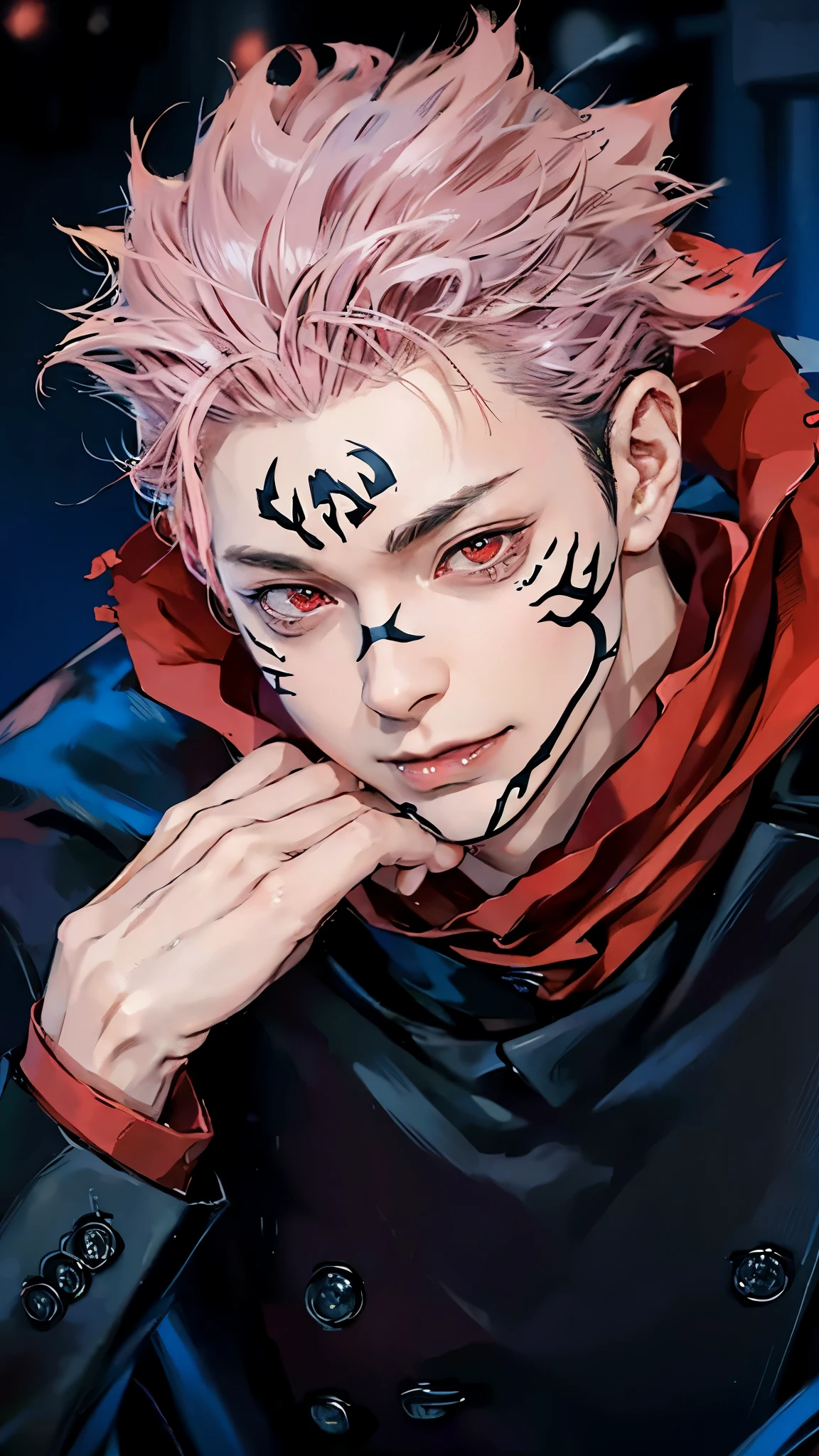 1 hombre, itadori yuji mode sukuna in anime jujutsu kaisen, cabello corto , cabello rosado, ojos rojos, elegante, ropa negra, Realista clothes, detalle de ropa, Fondo de la ciudad, ultra detalle, Realista