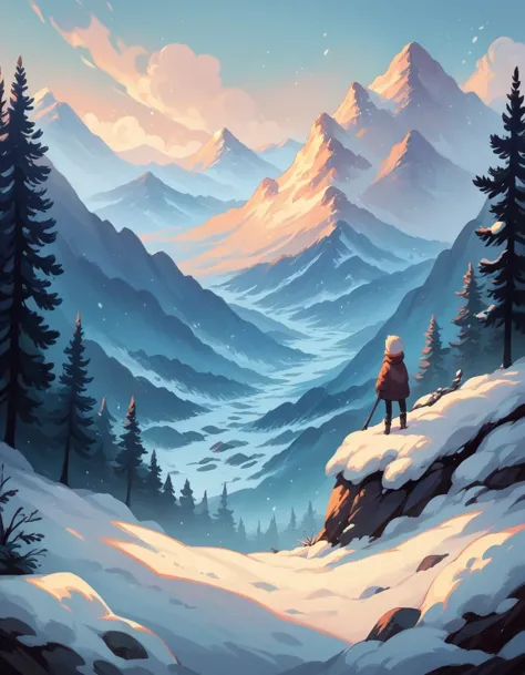 score_9, score_8_up, score_7_up, score_6_up, rating_safe, sc3n3ry, 1girl, facing viewer, snow, mountain,