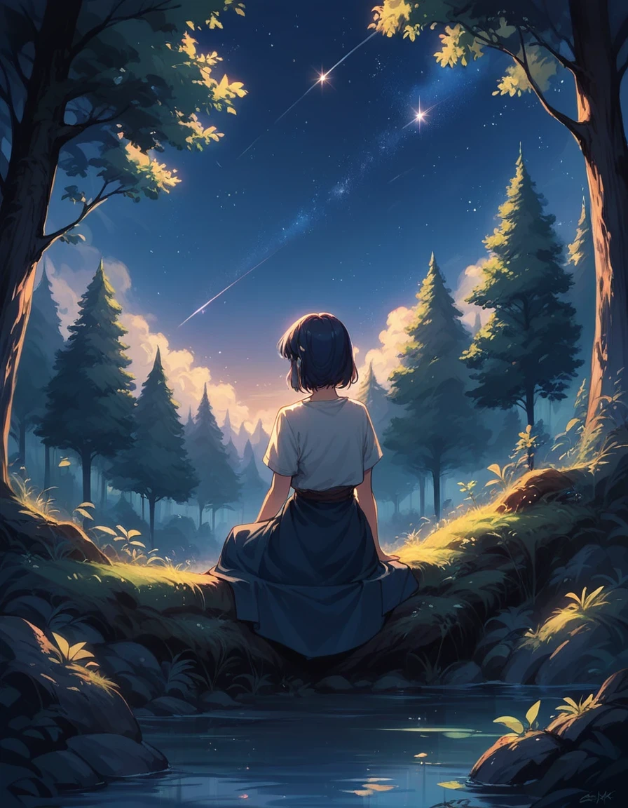 score_9, score_8_up, score_7_up, score_6_up, rating_safe, sc3n3ry, star (sky), starry sky, 1girl, forest, sitting, full body Shot