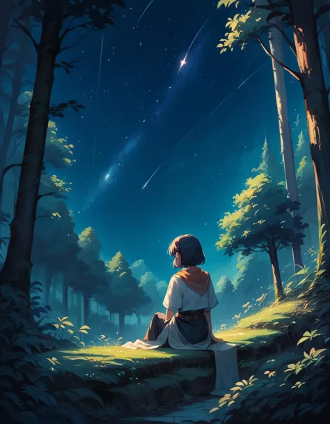 score_9, score_8_up, score_7_up, score_6_up, rating_safe, sc3n3ry, star (sky), starry sky, 1girl, forest, sitting, full body sho...