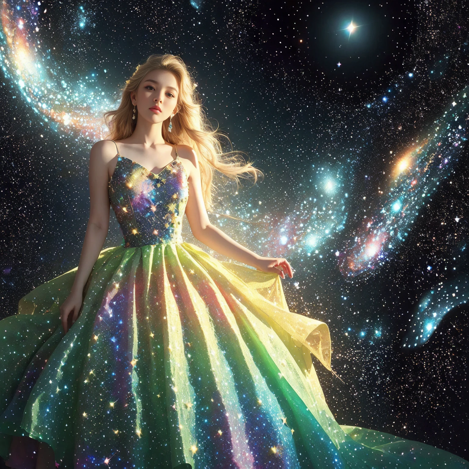 Psychedelischer Stil 1 Mädchen,One,Weitwinkelaufnahme,(Ein weites Kleid aus Galaxien und Sternen:1.3),Schultern freilegen,Keine Riemen,Schmuck,Ohrringe,Blondes Haar,lange Haare,Hochwinkelaufnahme,surreal,Fantasie,traumhaft,Meisterwerk,höchste Qualität,Hohe Auflösung,Subtile Details,. Helle Farben,Wirbelmuster,abstrakte Formen,surreal,strange,Voll_Körper,