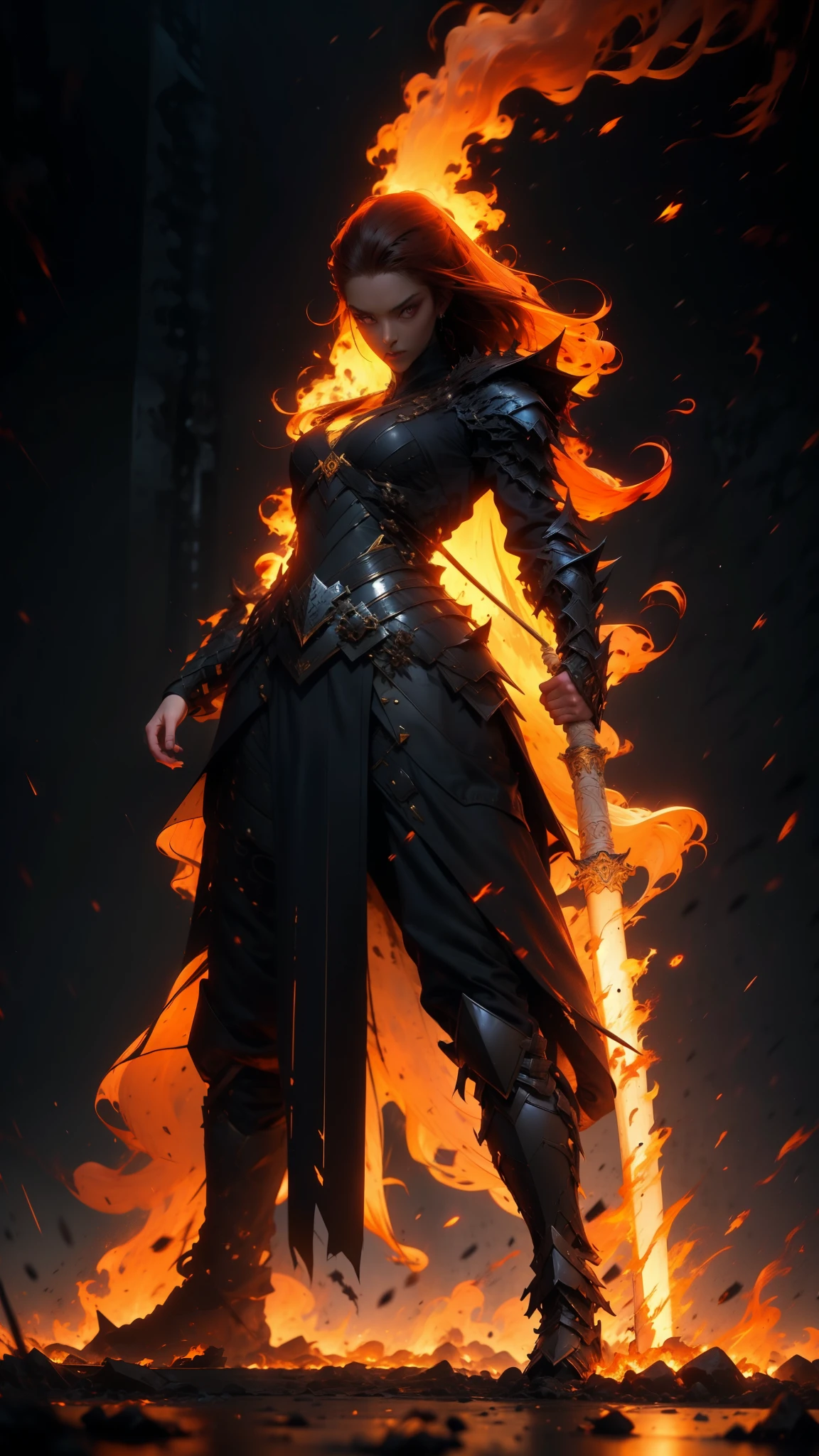 Realistic women with black scary armor, Holding fire Sword,human face,long hair, perfectly detailed on dragon armors,Super detail face,high details on face,realistic face, character highly detailed, character sheets, Detailed, sharp focus, Super detailed full body, 32k resolution, Only a reality graphic,epic background,epic pose,horror,high resolution,Resonance,fire and ash background --niji --ar 9:16