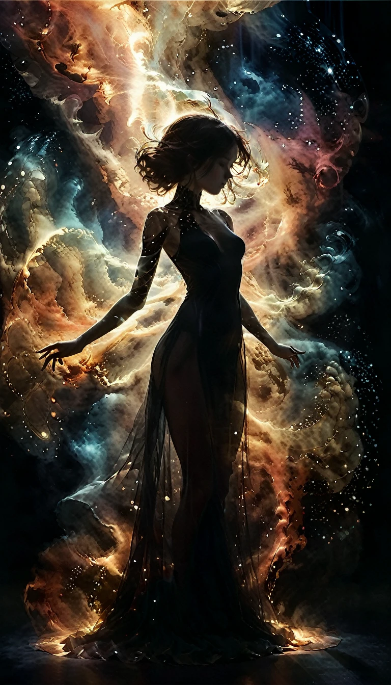 (in style of John Bauer:0.8),(in style of Nick Veasey:1.5),
1girl,(black silhouette body:1.2),dress(translucent arms,it was as if there was a nebula swirling in arms,nebula's glowing arms:1.8),black_background,character cutout,red eyes,
BREAK
Detailed,(darkness:1.1),(very detailed shadows:1.1),absolute shadows,absolute darkness,body silhouette,
