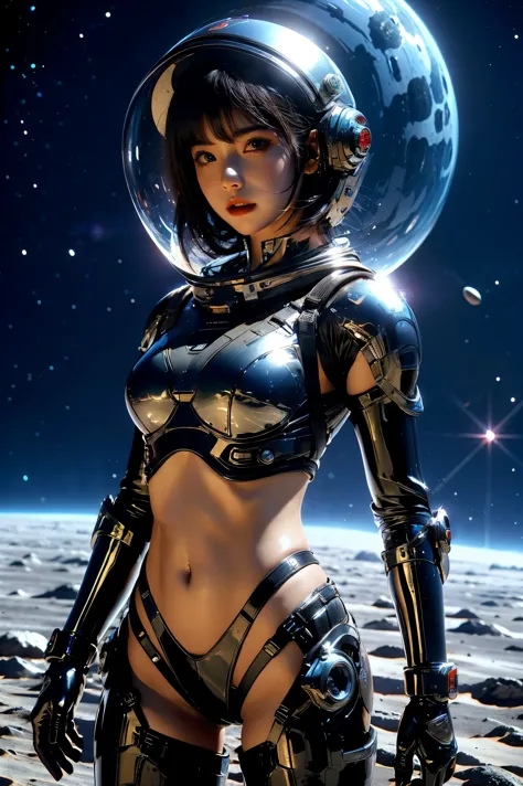 a girl in spacesuit, fully exposed midriff, bare waist,cowboy-shot, in outer space, desolate alien planet, transparen space-helm...