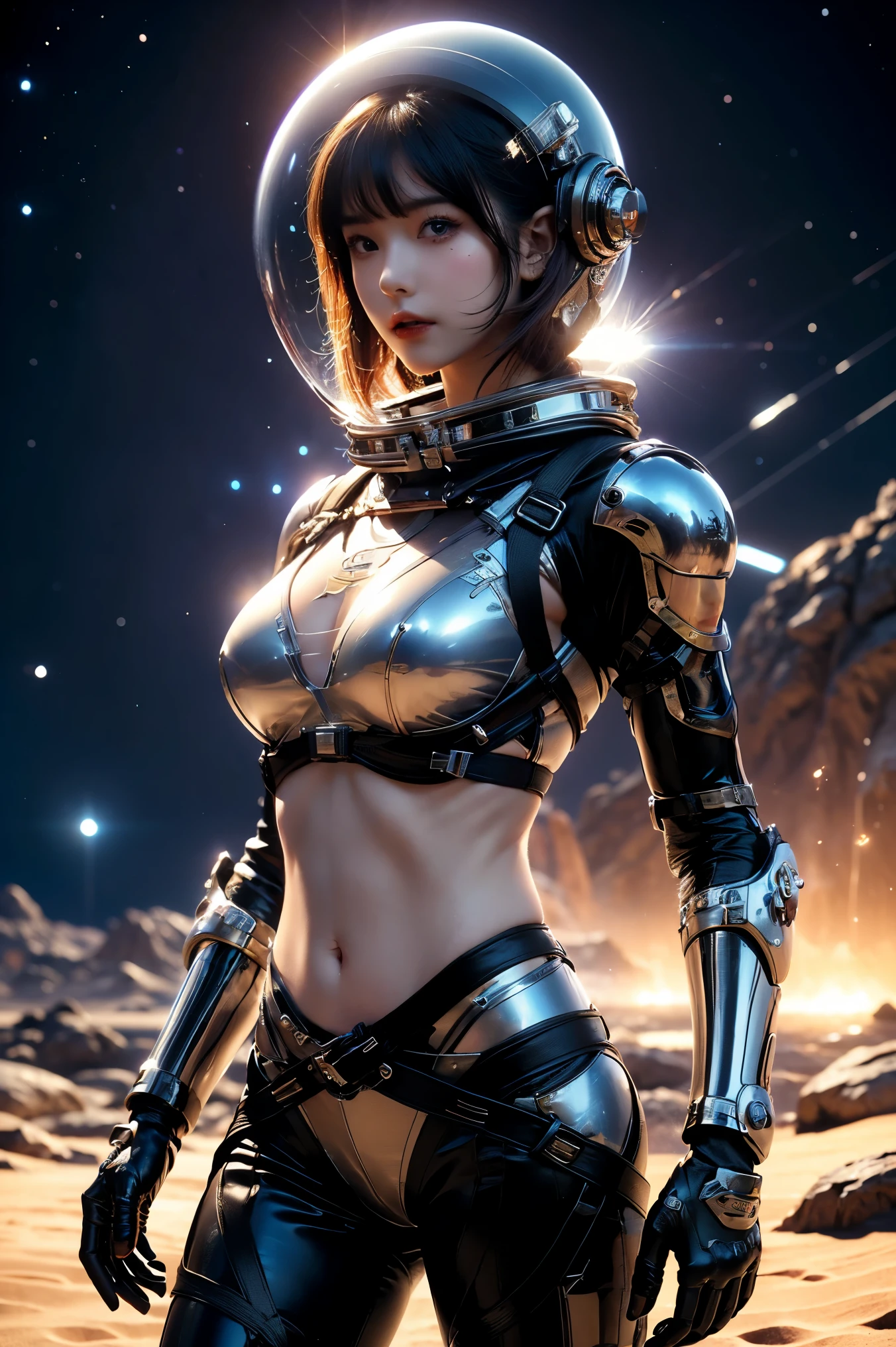 una chica en traje espacial, abdomen completamente expuesto, cintura desnuda,tiro de vaquero, En el espacio exterior, desolate alien planet, casco-espacial transparente,Casco integral transparente ,((parte superior del bikini)),((armadura de bikini de metal)), abdomen expuesto sexy, armadura metálica completa, abdomen y cintura desnudos, open abdomen, abdomen completamente expuesto, tiro de vaquero, Realista, photoRealista, alta calidad, 8K, extremadamente detallado, obra maestra, pose dinámica, iluminación dramática, cinematográfico, ciencia ficción, futuristic, Colores vibrantes