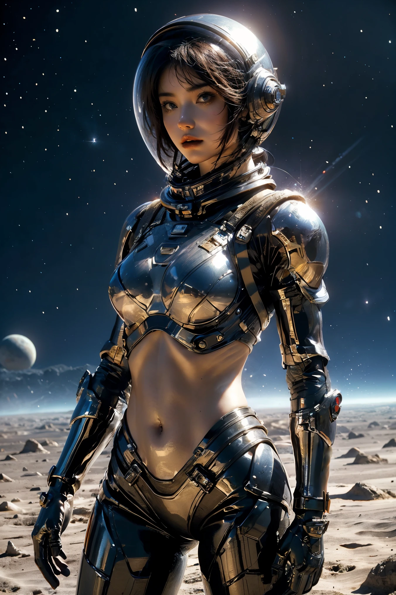 uma garota em traje espacial, barriga totalmente exposta, Cintura nua,Tiro de cowboy, No espaço, planeta alienígena desolado, capacete espacial transparente,Capacete integral transparente ,((Top de biquíni)),((armadura de biquíni de metal)), barriga exposta sexy, armadura metálica completa, barriga e cintura nuas, Abdômen aberto, abdômen totalmente exposto, Tiro de cowboy, realista, photorealista, alta qualidade, 8K, extremamente detalhado, obra de arte, pose dinâmica, iluminação dramática, cinematic, sci-fi, futurista, cores vibrantes