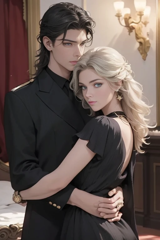 (masterpiece, highest quality, high resolution, 8k, difficulty: 1.2) photorealistic book cover in the genre of epic romantic fantasy, in the center of which a COUPLE (a man and a woman) is depicted. Spring romantic fantasy in the center stands a handsome, tall, statuesque, courageous young man, blond with long white hair, green eyes, dressed in an antique black military uniform and golden armor, he hugs from behind a beautiful, incredibly beautiful young femme fatale with long curly aquamarine hair, gray-blue eyes, she is a princess. proportional, delicate, shimmering, beautiful faces, daytime bokeh, fairy tale fairy, mysterious, bright spring color scheme, (Best quality, 8K, high resolution, Masterpiece: 1.2), Over-detailed (Realistic, Photorealistic, photorealistic-realistic: 1.37), Artistic decoration in a creative style, Historical, classic, sophistication, multicolor, high detail, soft lighting, luxurious furnishings, dress with details, bright flowers, exquisite jewelry, Unearthly atmosphere, Elegant pose, Graceful curves, Loose hair, Breathtaking patterns on textiles, Delicate floral decor, Dazzling set of crystal accessories, mysterious and dreamy atmosphere, impeccable attention to detail. expressive eyes, beautiful face.