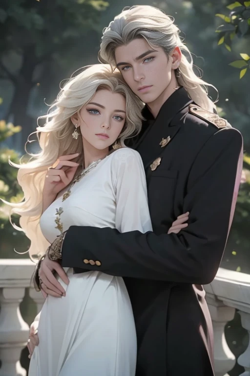 (masterpiece, highest quality, high resolution, 8k, difficulty: 1.2) photorealistic book cover in the genre of epic romantic fantasy, in the center of which a COUPLE (a man and a woman) is depicted. Spring romantic fantasy in the center stands a handsome, tall, statuesque, courageous young man, blond with long white hair, green eyes, dressed in an antique black military uniform and golden armor, he hugs from behind a beautiful, incredibly beautiful young femme fatale with long curly aquamarine hair, gray-blue eyes, she is a princess. proportional, delicate, shimmering, beautiful faces, daytime bokeh, fairy tale fairy, mysterious, bright spring color scheme, (Best quality, 8K, high resolution, Masterpiece: 1.2), Over-detailed (Realistic, Photorealistic, photorealistic-realistic: 1.37), Artistic decoration in a creative style, Historical, classic, sophistication, multicolor, high detail, soft lighting, luxurious furnishings, dress with details, bright flowers, exquisite jewelry, Unearthly atmosphere, Elegant pose, Graceful curves, Loose hair, Breathtaking patterns on textiles, Delicate floral decor, Dazzling set of crystal accessories, mysterious and dreamy atmosphere, impeccable attention to detail. expressive eyes, beautiful face.