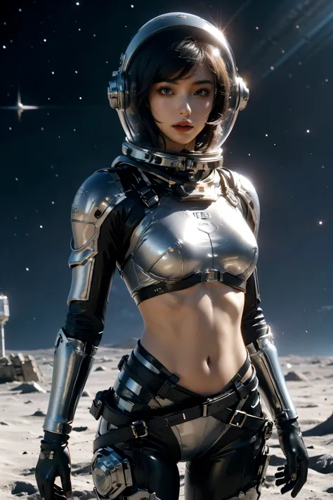 a girl in spacesuit, fully exposed midriff, bare waist,cowboy-shot, in outer space, desolate alien planet, transparen space-helm...
