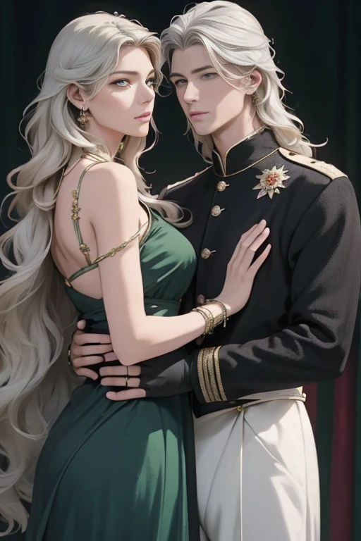 (masterpiece, highest quality, high resolution, 8k, difficulty: 1.2) photorealistic book cover in the genre of epic romantic fantasy, in the center of which a COUPLE (a man and a woman) is depicted. Spring romantic fantasy in the center stands a handsome, tall, statuesque, courageous young man, blond with long white hair, green eyes, dressed in an antique black military uniform and golden armor, he hugs from behind a beautiful, incredibly beautiful young femme fatale with long curly aquamarine hair, gray-blue eyes, she is a princess. proportional, delicate, shimmering, beautiful faces, daytime bokeh, fairy tale fairy, mysterious, bright spring color scheme, (Best quality, 8K, high resolution, Masterpiece: 1.2), Over-detailed (Realistic, Photorealistic, photorealistic-realistic: 1.37), Artistic decoration in a creative style, Historical, classic, sophistication, multicolor, high detail, soft lighting, luxurious furnishings, dress with details, bright flowers, exquisite jewelry, Unearthly atmosphere, Elegant pose, Graceful curves, Loose hair, Breathtaking patterns on textiles, Delicate floral decor, Dazzling set of crystal accessories, mysterious and dreamy atmosphere, impeccable attention to detail. expressive eyes, beautiful face.