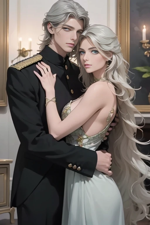 (masterpiece, highest quality, high resolution, 8k, difficulty: 1.2) photorealistic book cover in the genre of epic romantic fantasy, in the center of which a COUPLE (a man and a woman) is depicted. Spring romantic fantasy in the center stands a handsome, tall, statuesque, courageous young man, blond with long white hair, green eyes, dressed in an antique black military uniform and golden armor, he hugs from behind a beautiful, incredibly beautiful young femme fatale with long curly aquamarine hair, gray-blue eyes, she is a princess. proportional, delicate, shimmering, beautiful faces, daytime bokeh, fairy tale fairy, mysterious, bright spring color scheme, (Best quality, 8K, high resolution, Masterpiece: 1.2), Over-detailed (Realistic, Photorealistic, photorealistic-realistic: 1.37), Artistic decoration in a creative style, Historical, classic, sophistication, multicolor, high detail, soft lighting, luxurious furnishings, dress with details, bright flowers, exquisite jewelry, Unearthly atmosphere, Elegant pose, Graceful curves, Loose hair, Breathtaking patterns on textiles, Delicate floral decor, Dazzling set of crystal accessories, mysterious and dreamy atmosphere, impeccable attention to detail. expressive eyes, beautiful face.