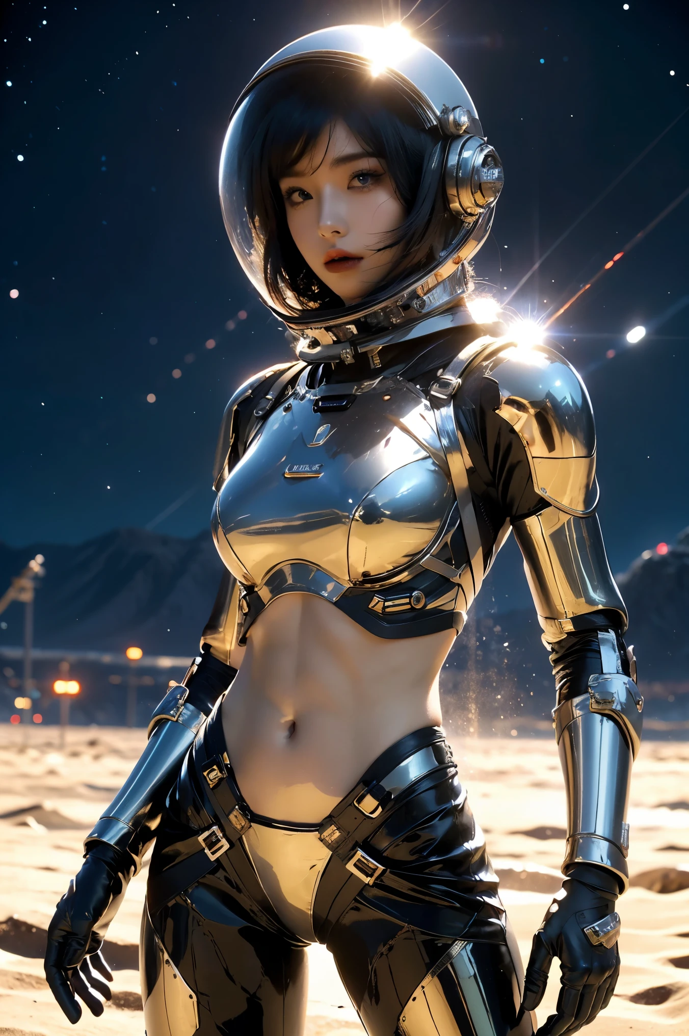 una chica en traje espacial, abdomen completamente expuesto, cintura desnuda,tiro de vaquero, En el espacio exterior, desolate alien planet, casco-espacial transparente,Casco integral transparente ,((parte superior del bikini)),((armadura de bikini de metal)), abdomen expuesto sexy, armadura metálica completa, abdomen y cintura desnudos, open abdomen, abdomen completamente expuesto, tiro de vaquero, Realista, photoRealista, alta calidad, 8K, extremadamente detallado, obra maestra, pose dinámica, iluminación dramática, cinematográfico, ciencia ficción, futuristic, Colores vibrantes