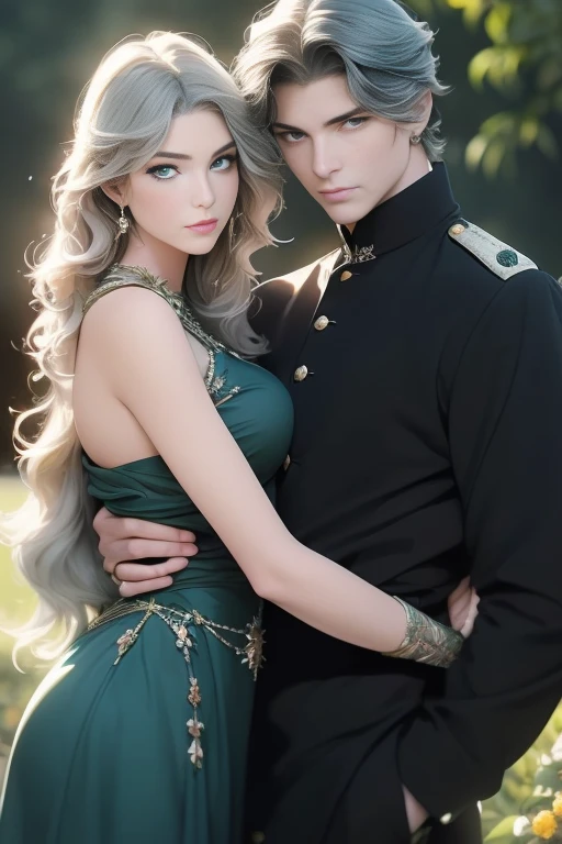 (masterpiece, highest quality, high resolution, 8k, difficulty: 1.2) photorealistic book cover in the genre of epic romantic fantasy, in the center of which a COUPLE (a man and a woman) is depicted. Spring romantic fantasy in the center stands a handsome, tall, statuesque, courageous young blond man with long white hair, green eyes, dressed in an antique black military uniform and golden armor, he hugs from behind a beautiful, incredibly beautiful young femme fatale with long curly aquamarine hair, aquamarine eyes, she is a princess. proportional, delicate, shimmering, beautiful faces, daytime bokeh, fairy tale fairy, mysterious, bright spring color scheme, (Best quality, 8K, high resolution, Masterpiece: 1.2), Over-detailed (Realistic, Photorealistic, photorealistic-realistic: 1.37), Artistic decoration in a creative style, Historical, classic, sophistication, multicolor, high detail, soft lighting, luxurious furnishings, dress with details, bright flowers, exquisite jewelry, Unearthly atmosphere, Elegant pose, Graceful curves, Loose hair, Breathtaking patterns on textiles, Delicate floral decor, Dazzling set of crystal accessories, mysterious and dreamy atmosphere, impeccable attention to detail. expressive eyes, beautiful face.