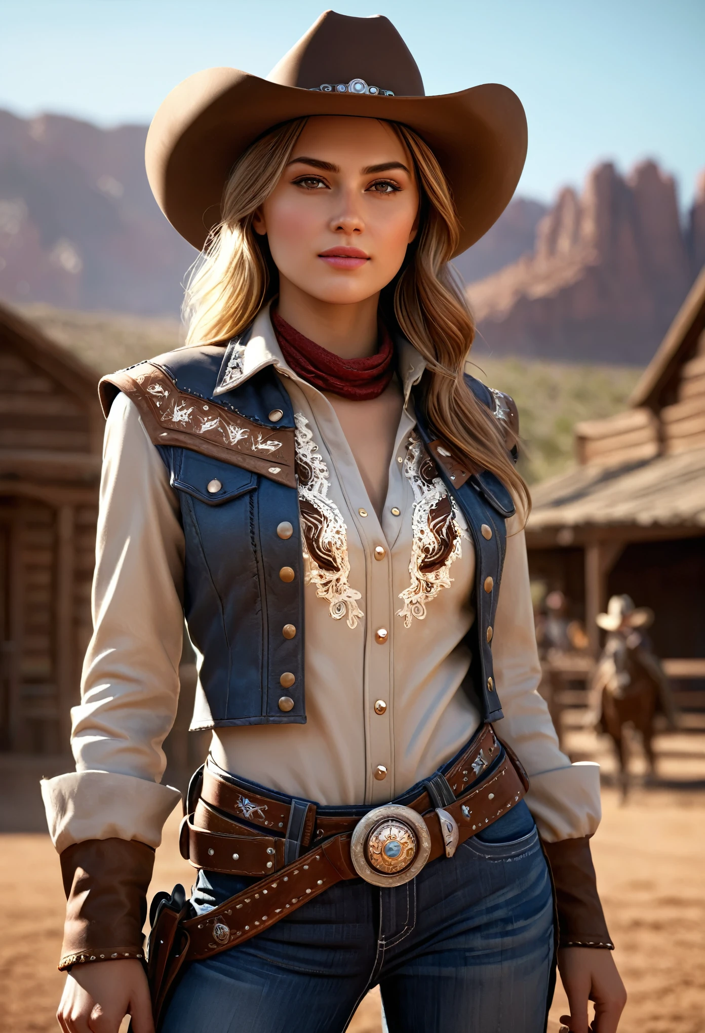 a beautiful young girl wearing a highly реалистичный western cowgirl outfit, Фэнтези-арт, photoреалистичный, динамическое освещение, АртСтанция, очень детальное лицо, 4k, отмеченный наградами, (Лучшее качество,4k,8К,Высокое разрешение,шедевр:1.2),ультрадетализированный,(реалистичный,photoреалистичный,photo-реалистичный:1.37),сложные детали,драматическая поза,кинематографическая композиция,яркие цвета,Естественные оттенки кожи,светящиеся блики,атмосферное освещение,глубина резкости,объемное освещение