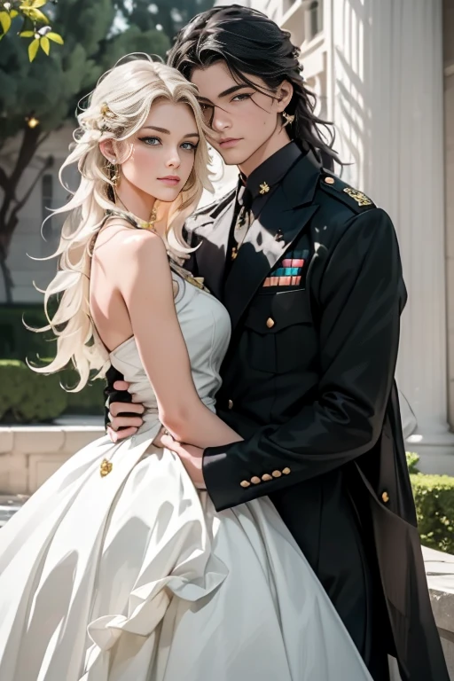 (masterpiece, highest quality, high resolution, 8k, difficulty: 1.2) photorealistic book cover in the genre of epic romantic fantasy, in the center of which a COUPLE (a man and a woman) is depicted. Spring romantic fantasy in the center stands a handsome, tall, statuesque, courageous young blond man with long white hair, green eyes, dressed in an antique black military uniform and golden armor, he hugs from behind a beautiful, incredibly beautiful young femme fatale with long curly aquamarine hair, aquamarine eyes, she is a princess. proportional, delicate, shimmering, beautiful faces, daytime bokeh, fairy tale fairy, mysterious, bright spring color scheme, (Best quality, 8K, high resolution, Masterpiece: 1.2), Over-detailed (Realistic, Photorealistic, photorealistic-realistic: 1.37), Artistic decoration in a creative style, Historical, classic, sophistication, multicolor, high detail, soft lighting, luxurious furnishings, dress with details, bright flowers, exquisite jewelry, Unearthly atmosphere, Elegant pose, Graceful curves, Loose hair, Breathtaking patterns on textiles, Delicate floral decor, Dazzling set of crystal accessories, mysterious and dreamy atmosphere, impeccable attention to detail. expressive eyes, beautiful face.