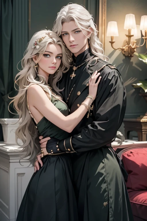 (masterpiece, highest quality, high resolution, 8k, difficulty: 1.2) photorealistic book cover in the genre of epic romantic fantasy, in the center of which a COUPLE (a man and a woman) is depicted. Spring romantic fantasy in the center stands a handsome, tall, statuesque, courageous young blond man with long white hair, green eyes, dressed in an antique black military uniform and golden armor, he hugs from behind a beautiful, incredibly beautiful young femme fatale with long curly aquamarine hair, aquamarine eyes, she is a princess. proportional, delicate, shimmering, beautiful faces, daytime bokeh, fairy tale fairy, mysterious, bright spring color scheme, (Best quality, 8K, high resolution, Masterpiece: 1.2), Over-detailed (Realistic, Photorealistic, photorealistic-realistic: 1.37), Artistic decoration in a creative style, Historical, classic, sophistication, multicolor, high detail, soft lighting, luxurious furnishings, dress with details, bright flowers, exquisite jewelry, Unearthly atmosphere, Elegant pose, Graceful curves, Loose hair, Breathtaking patterns on textiles, Delicate floral decor, Dazzling set of crystal accessories, mysterious and dreamy atmosphere, impeccable attention to detail. expressive eyes, beautiful face.