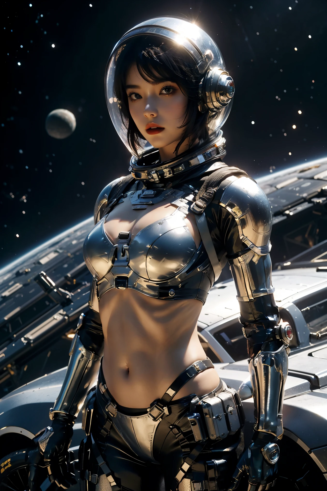 una chica en traje espacial, abdomen completamente expuesto, cintura desnuda,tiro de vaquero, En el espacio exterior, desolate alien planet, casco-espacial transparente,Casco integral transparente ,((parte superior del bikini)),((armadura de bikini de metal)), abdomen expuesto sexy, armadura metálica completa, abdomen y cintura desnudos, open abdomen, abdomen completamente expuesto, tiro de vaquero, Realista, photoRealista, alta calidad, 8K, extremadamente detallado, obra maestra, pose dinámica, iluminación dramática, cinematográfico, ciencia ficción, futuristic, Colores vibrantes