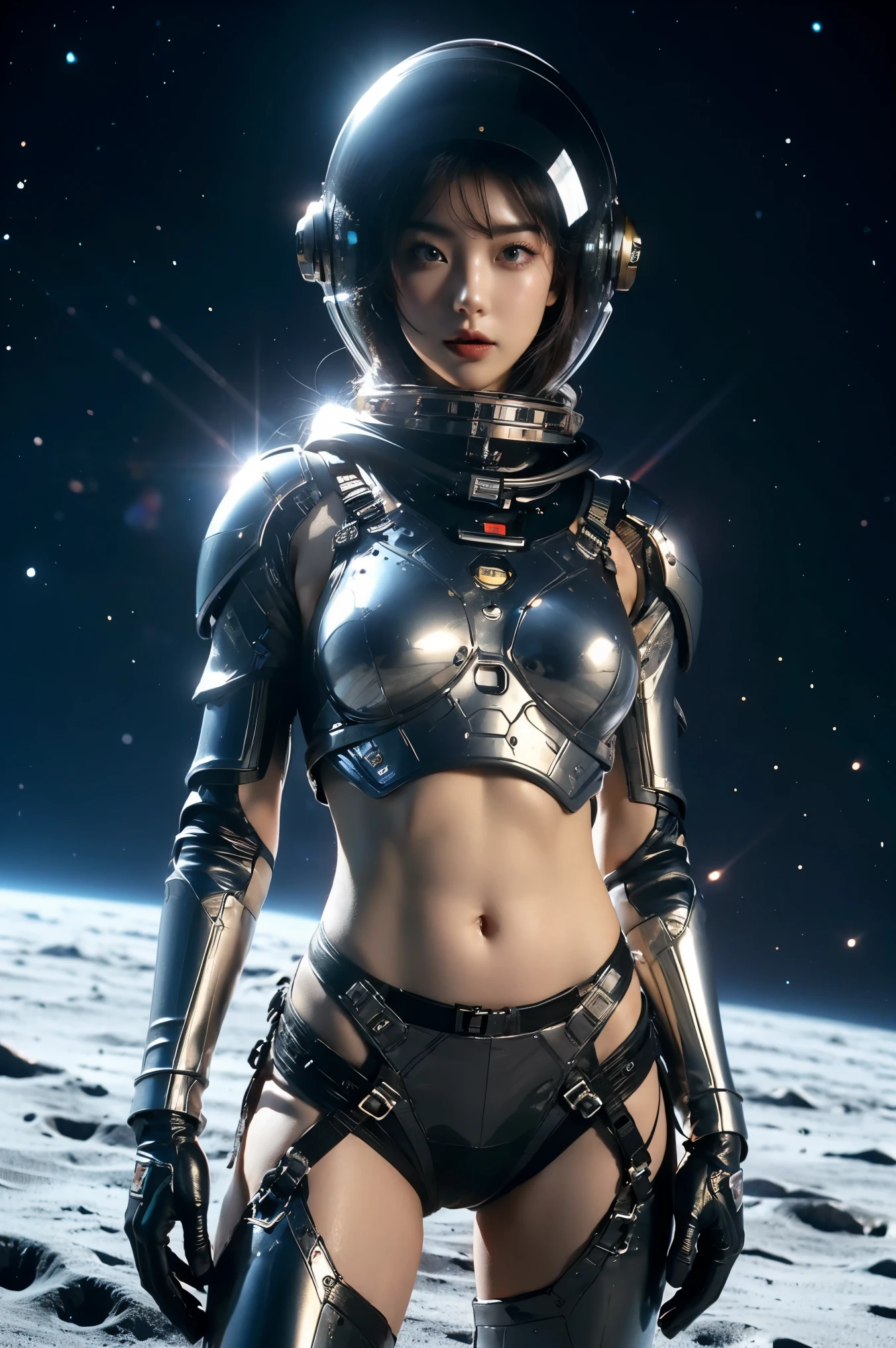 a girl in spacesuit, fully exposed midriff, bare waist,cowboy-shot, in outer space, desolate alien planet, transparen space-helmet,Transparent full-face helmet ,((bikini top)),((metal Bikini armor)), sexy exposed midriff, full metallic armor, bare midriff and waist, open abdomen, fully exposed abdomen, cowboy-shot, realistic, photorealistic, high quality, 8k, extremely detailed, masterpiece, dynamic pose, dramatic lighting, cinematic, sci-fi, futuristic, vibrant colors