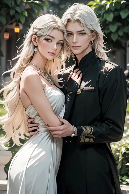 (masterpiece, highest quality, high resolution, 8k, difficulty: 1.2) photorealistic book cover in the genre of epic romantic fantasy, in the center of which a COUPLE (a man and a woman) is depicted. Spring romantic fantasy in the center stands a handsome, tall, statuesque, courageous young blond man with long white hair, green eyes, dressed in an antique black military uniform and golden armor, he hugs from behind a beautiful, incredibly beautiful young femme fatale with long curly aquamarine hair, aquamarine eyes, she is a princess. proportional, delicate, shimmering, beautiful faces, daytime bokeh, fairy tale fairy, mysterious, bright spring color scheme, (Best quality, 8K, high resolution, Masterpiece: 1.2), Over-detailed (Realistic, Photorealistic, photorealistic-realistic: 1.37), Artistic decoration in a creative style, Historical, classic, sophistication, multicolor, high detail, soft lighting, luxurious furnishings, dress with details, bright flowers, exquisite jewelry, Unearthly atmosphere, Elegant pose, Graceful curves, Loose hair, Breathtaking patterns on textiles, Delicate floral decor, Dazzling set of crystal accessories, mysterious and dreamy atmosphere, impeccable attention to detail. expressive eyes, beautiful face.  aquamarine hair, aquamarine eyes,