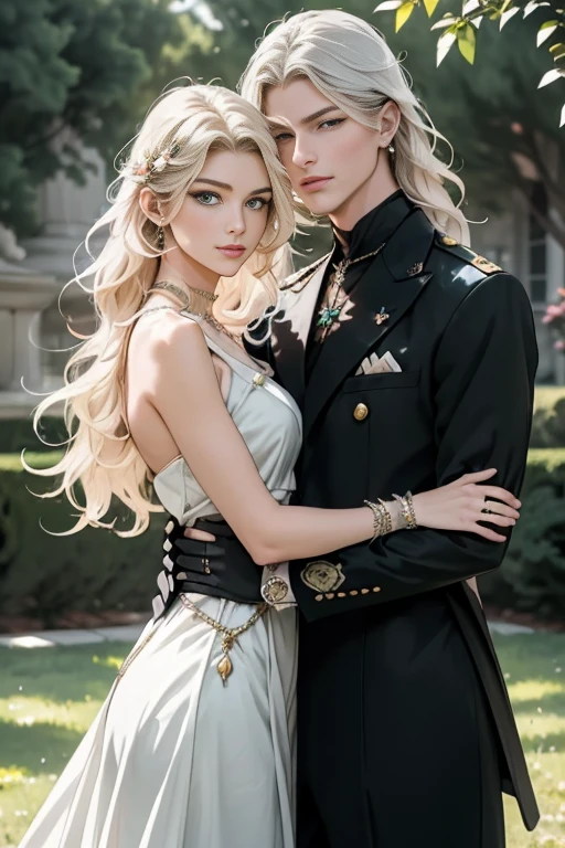 (masterpiece, highest quality, high resolution, 8k, difficulty: 1.2) photorealistic book cover in the genre of epic romantic fantasy, in the center of which a COUPLE (a man and a woman) is depicted. Spring romantic fantasy in the center stands a handsome, tall, statuesque, courageous young blond man with long white hair, green eyes, dressed in an antique black military uniform and golden armor, he hugs from behind a beautiful, incredibly beautiful young femme fatale with long curly aquamarine hair, aquamarine eyes, she is a princess. proportional, delicate, shimmering, beautiful faces, daytime bokeh, fairy tale fairy, mysterious, bright spring color scheme, (Best quality, 8K, high resolution, Masterpiece: 1.2), Over-detailed (Realistic, Photorealistic, photorealistic-realistic: 1.37), Artistic decoration in a creative style, Historical, classic, sophistication, multicolor, high detail, soft lighting, luxurious furnishings, dress with details, bright flowers, exquisite jewelry, Unearthly atmosphere, Elegant pose, Graceful curves, Loose hair, Breathtaking patterns on textiles, Delicate floral decor, Dazzling set of crystal accessories, mysterious and dreamy atmosphere, impeccable attention to detail. expressive eyes, beautiful face.  aquamarine hair, aquamarine eyes,