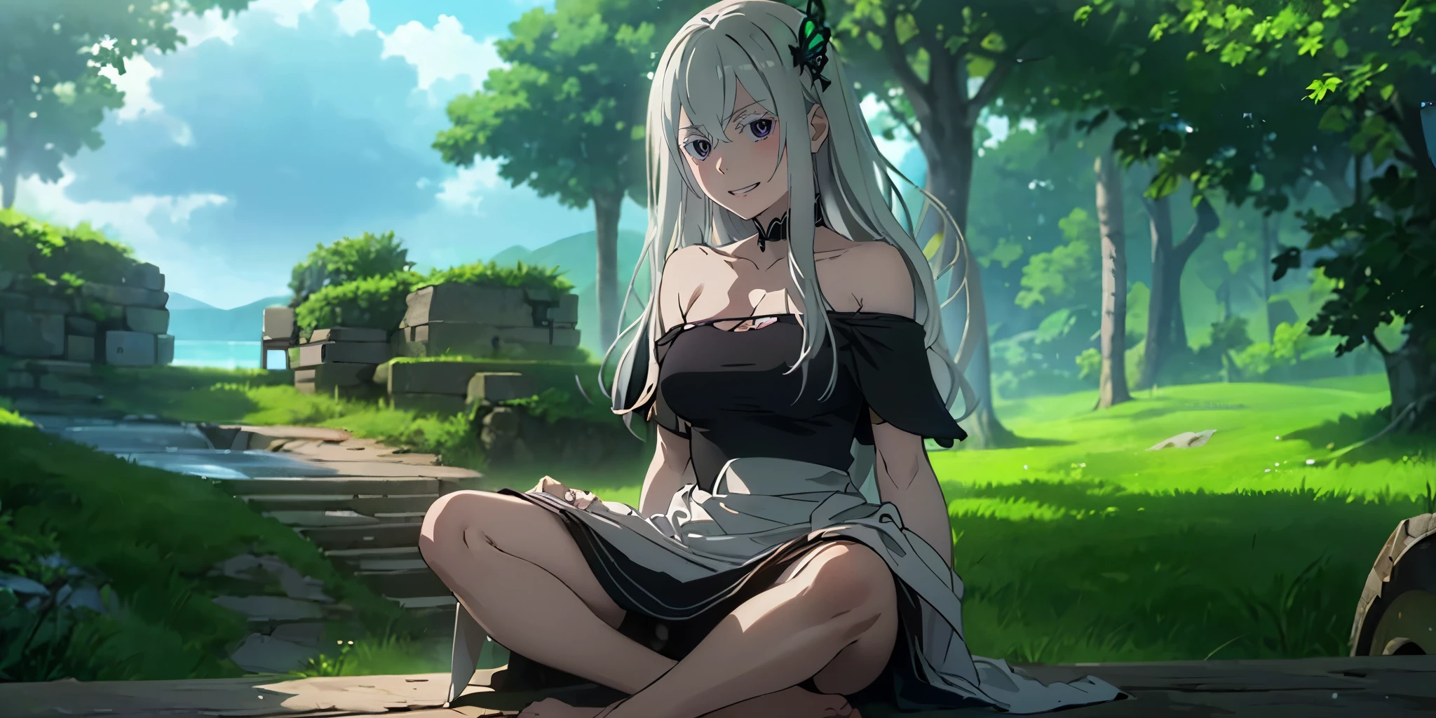 (long hari, silver hair:1.5), hair ornament, purple eyes, breasts, epic art, fantasy, 1girl, grass, solo, barefoot, sitting, breasts, mountain, sunset, dress, bare_shoulders, outdoors, looking_at_viewer, off_shoulder, field, sky, lake, collarbone, mountainous_horizon, indian_style, twilight, tree, black_dress, large_breasts, scenery, medium_breasts, feet, off-shoulder_dress, "long shot scenic professional photograph of {prompt}, perfect viewpoint, highly detailed, wide-angle lens, hyper realistic, with dramatic sky, polarizing filter, natural lighting, vivid colors, everything in sharp focus, HDR, UHD, K", hollow eyes, bright pupils, purple eyes, looking at viewer. glowing eyes, heavy breathing, smirk, upper teeth, 