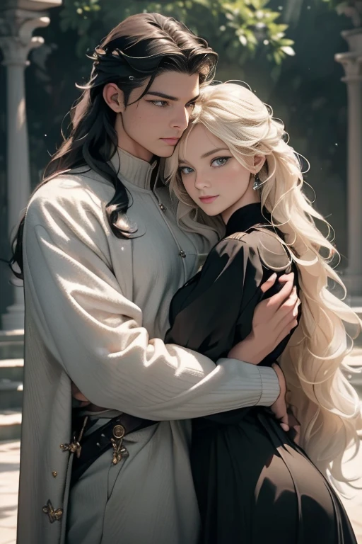 (masterpiece, highest quality, high resolution, 8k, difficulty: 1.2) photorealistic book cover in the genre of epic romantic fantasy, in the center of which a COUPLE (a man and a woman) is depicted. Spring romantic fantasy in the center stands a handsome, tall, statuesque, courageous young blond man with long white hair, green eyes, dressed in an antique black military uniform and golden armor, he hugs from behind a beautiful, incredibly beautiful young femme fatale with long curly aquamarine hair, aquamarine eyes, she is a princess. proportional, delicate, shimmering, beautiful faces, daytime bokeh, fairy tale fairy, mysterious, bright spring color scheme, (Best quality, 8K, high resolution, Masterpiece: 1.2), Over-detailed (Realistic, Photorealistic, photorealistic-realistic: 1.37), Artistic decoration in a creative style, Historical, classic, sophistication, multicolor, high detail, soft lighting, luxurious furnishings, dress with details, bright flowers, exquisite jewelry, Unearthly atmosphere, Elegant pose, Graceful curves, Loose hair, Breathtaking patterns on textiles, Delicate floral decor, Dazzling set of crystal accessories, mysterious and dreamy atmosphere, impeccable attention to detail. expressive eyes, beautiful face. aquamarine hair, aquamarine eyes,