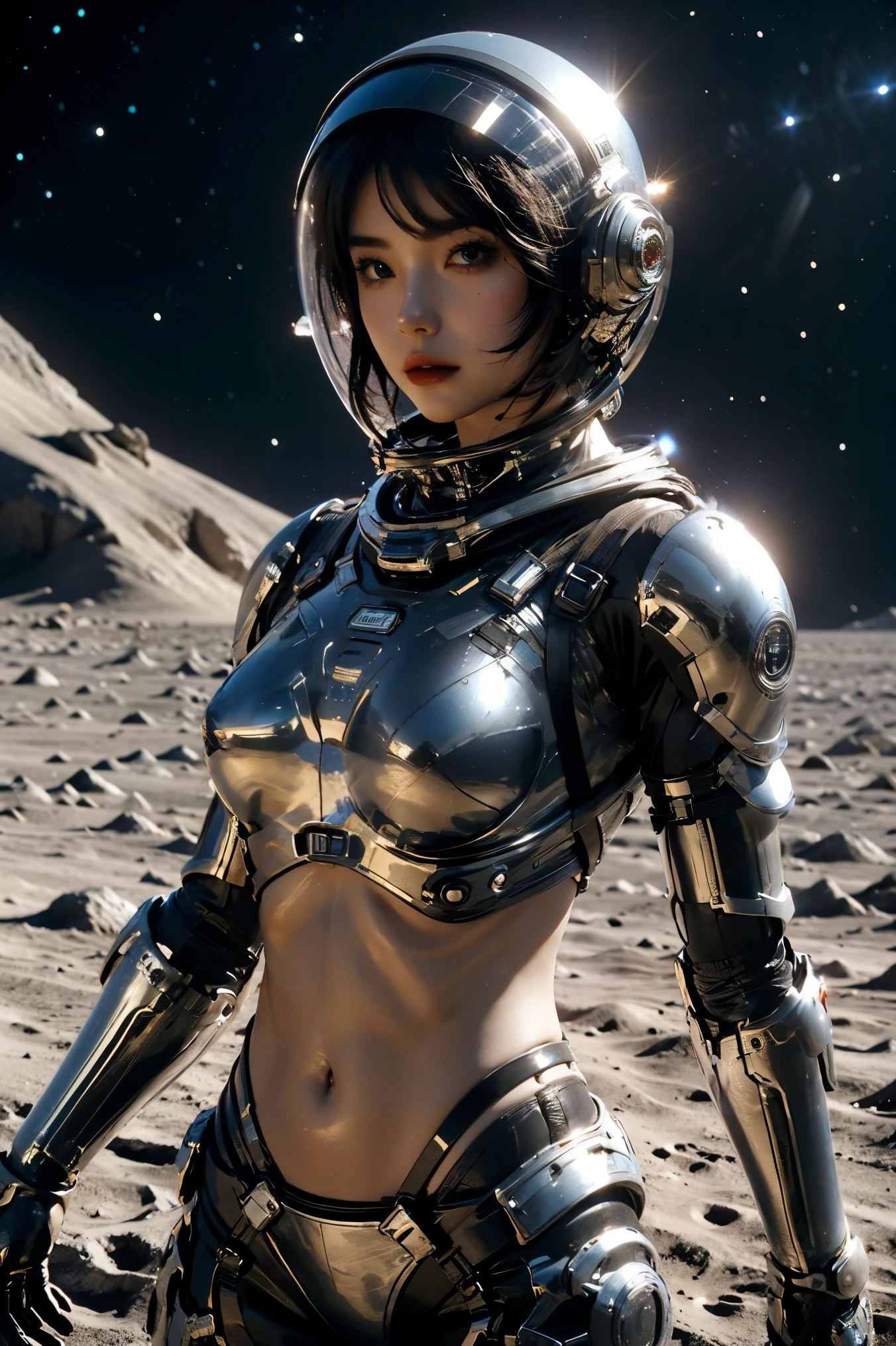 una chica en traje espacial, abdomen completamente expuesto, cintura desnuda,tiro de vaquero, En el espacio exterior, desolate alien planet, casco-espacial transparente,Casco integral transparente ,((parte superior del bikini)),((armadura de bikini de metal)), abdomen expuesto sexy, armadura metálica completa, abdomen y cintura desnudos, open abdomen, abdomen completamente expuesto, tiro de vaquero, Realista, photoRealista, alta calidad, 8K, extremadamente detallado, obra maestra, pose dinámica, iluminación dramática, cinematográfico, ciencia ficción, futuristic, Colores vibrantes