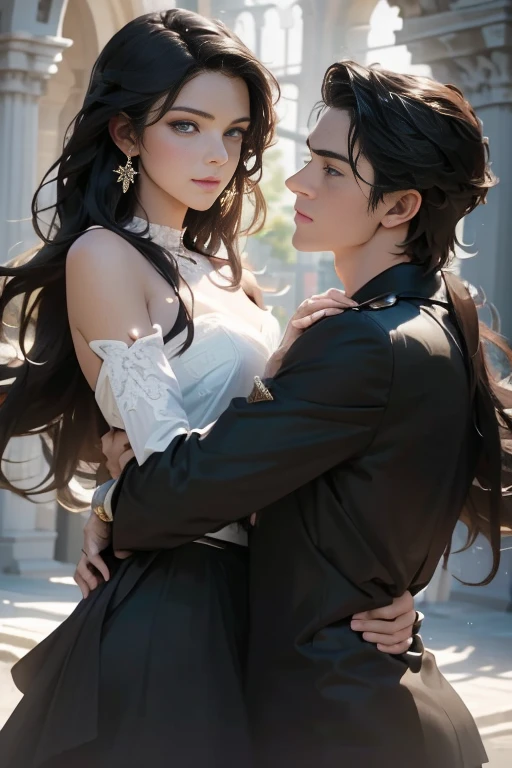 (masterpiece, highest quality, high resolution, 8k, difficulty: 1.2) photorealistic book cover in the genre of epic romantic fantasy, in the center of which a COUPLE (a man and a woman) is depicted. Spring romantic fantasy in the center stands a handsome, tall, stately, courageous young man with long brown hair, violet eyes, dressed in an ancient black military uniform and golden armor, he hugs from behind a beautiful, incredibly beautiful young femme fatale with long black hair, garnet eyes, she is a princess. proportional, delicate, shimmering, beautiful faces, daytime bokeh, fairy tale fairy, mysterious, bright spring color scheme, (Best quality, 8K, high resolution, Masterpiece: 1.2), Over-detailed (Realistic, Photorealistic, photorealistic-realistic: 1.37), Artistic decoration in a creative style, Historical, classic, sophistication, multicolor, high detail, soft lighting, luxurious furnishings, dress with details, bright flowers, exquisite jewelry, Unearthly atmosphere, Elegant pose, Graceful curves, Loose hair, Breathtaking patterns on textiles, Delicate floral decor, Dazzling set of crystal accessories, mysterious and dreamy atmosphere, impeccable attention to detail. expressive eyes, beautiful face.