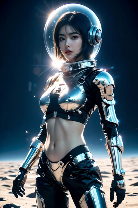 a girl in spacesuit, fully exposed midriff, bare waist,cowboy-shot, in outer space, desolate alien planet, transparen space-helm...