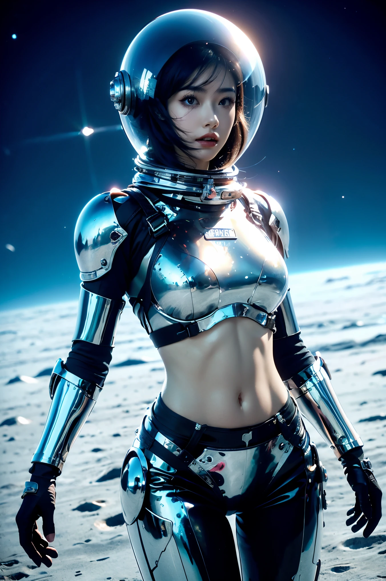 uma garota em traje espacial, barriga totalmente exposta, Cintura nua,Tiro de cowboy, No espaço, planeta alienígena desolado, capacete espacial transparente,Capacete integral transparente ,((Top de biquíni)),((armadura de biquíni de metal)), barriga exposta sexy, armadura metálica completa, barriga e cintura nuas, Abdômen aberto, abdômen totalmente exposto, Tiro de cowboy, realista, photorealista, alta qualidade, 8K, extremamente detalhado, obra de arte, pose dinâmica, iluminação dramática, cinematic, sci-fi, futurista, cores vibrantes