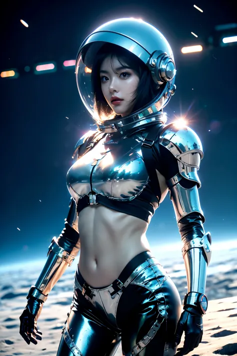a girl in spacesuit, fully exposed midriff, bare waist,cowboy-shot, in outer space, desolate alien planet, transparen space-helm...