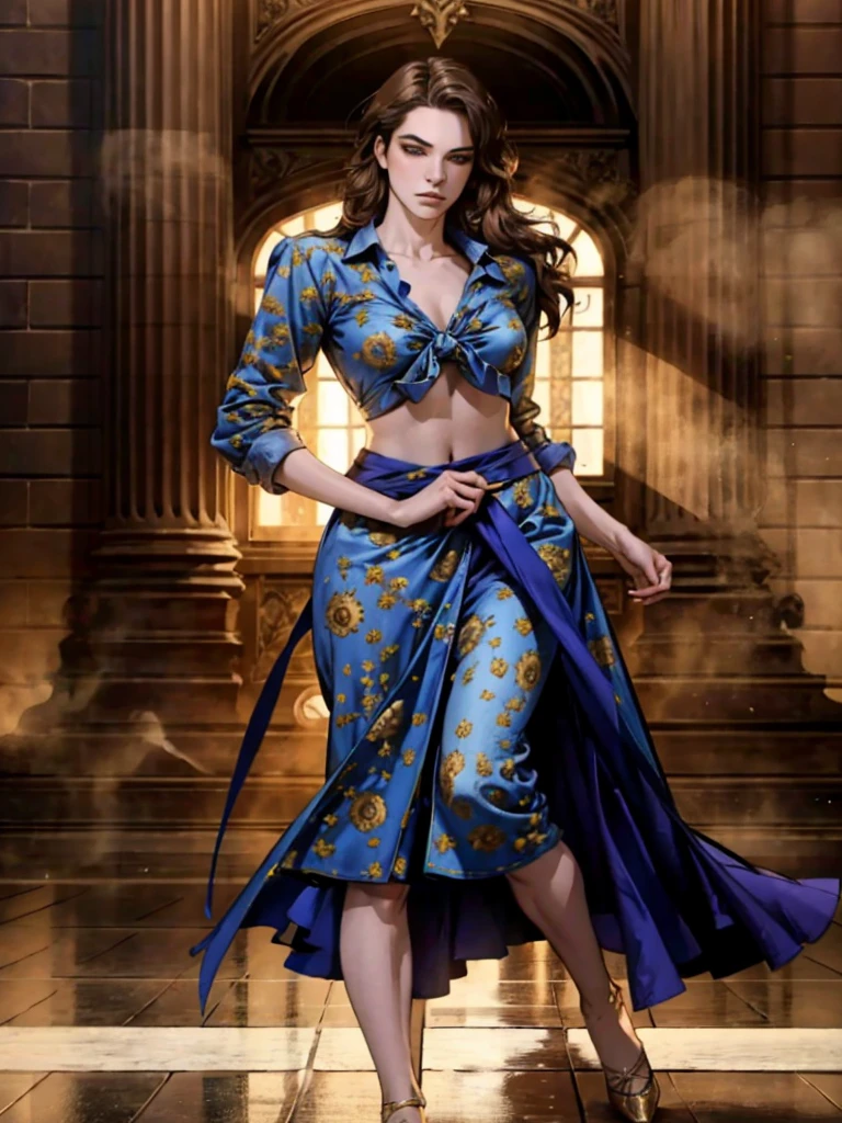 Uma mulher com cabelos longos castanhos claros, um rosto delicado, um olhar vazio em seus olhos, figure of a slender and firm dancer, uma roupa de estilo fantasia realista, ela amarra uma camisa francesa no peito, revelando sua cintura graciosa, ela usa jeans apertados na parte inferior do corpo, a flowing skirt is gracefully tied at the waist, ela caminha vagarosamente em uma cidade de estilo fantasia, This character incorporates a realistic and fantasy style dancer finely crafted in the anime style, exquisite and mature manga art style, linda mulher, High definition, melhor qualidade, high resolution, ultra-detalhado, Pintura ultrafina, extremamente delicado, Profissional, Anatomicamente correto, Symmetrical face, olhos e rosto extremamente detalhados, olhos de alta qualidade, criatividade, Foto CRU, UHD, 8K, Luz natural, cinematic lighting, Obra de arte-anatomy-perfect, Obra de arte:1.5