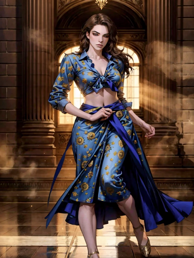 Uma mulher com cabelos longos castanhos claros, um rosto delicado, um olhar vazio em seus olhos, figure of a slender and firm dancer, uma roupa de estilo fantasia realista, ela amarra uma camisa francesa no peito, revelando sua cintura graciosa, ela usa jeans apertados na parte inferior do corpo, a flowing skirt is gracefully tied at the waist, ela caminha vagarosamente em uma cidade de estilo fantasia, This character incorporates a realistic and fantasy style dancer finely crafted in the anime style, exquisite and mature manga art style, linda mulher, High definition, melhor qualidade, high resolution, ultra-detalhado, Pintura ultrafina, extremamente delicado, Profissional, Anatomicamente correto, Symmetrical face, olhos e rosto extremamente detalhados, olhos de alta qualidade, criatividade, Foto CRU, UHD, 8K, Luz natural, cinematic lighting, Obra de arte-anatomy-perfect, Obra de arte:1.5