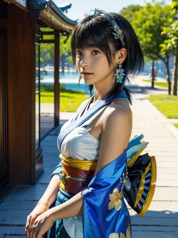 (Ultra-high resolution, masterpiece, Advanced Details, high quality, 最high quality) , alone, girl, Blue beaded earrings, As with the skirt, kimono, ((Yuna FFX)), Hime cut, Blunt bangs, 