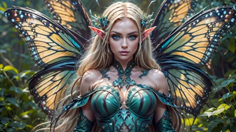 beautiful woman, elf ears, flying, massive monarch butterfly wings between shoulder blades, glowing blue eyes, detailed proporti...