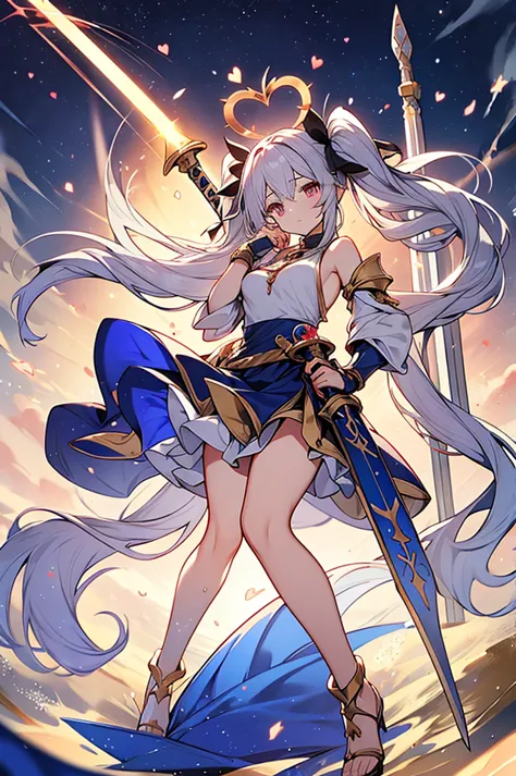 ishtar,Goddess of love and war,(heart-shaped halo floats overhead),
holding Lapis Lazuli Sword weapon in both hands,silver hair,...